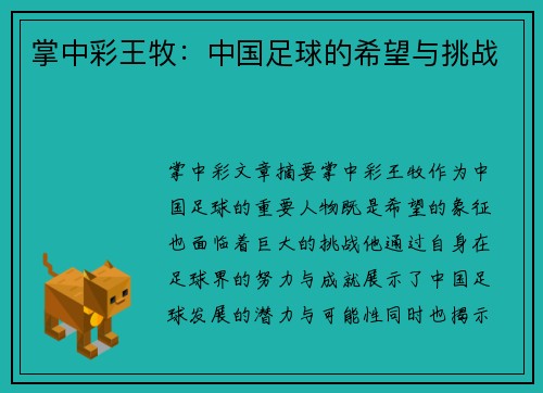 掌中彩王牧：中国足球的希望与挑战