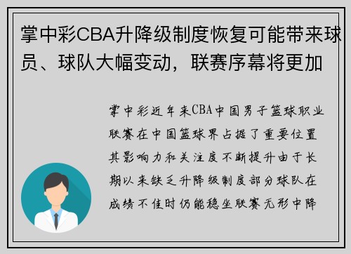 掌中彩CBA升降级制度恢复可能带来球员、球队大幅变动，联赛序幕将更加精彩 - 副本 (2)