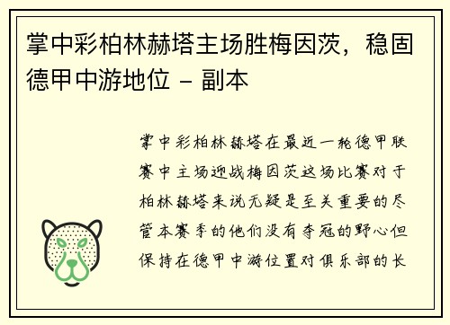掌中彩柏林赫塔主场胜梅因茨，稳固德甲中游地位 - 副本
