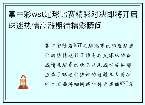 掌中彩wst足球比赛精彩对决即将开启球迷热情高涨期待精彩瞬间
