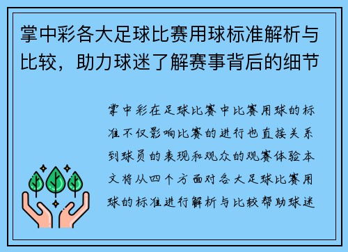 掌中彩各大足球比赛用球标准解析与比较，助力球迷了解赛事背后的细节