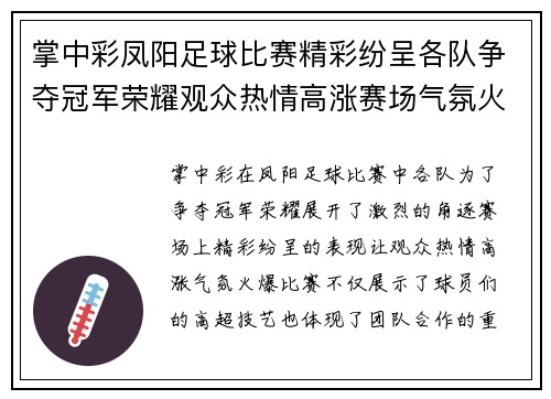 掌中彩凤阳足球比赛精彩纷呈各队争夺冠军荣耀观众热情高涨赛场气氛火爆