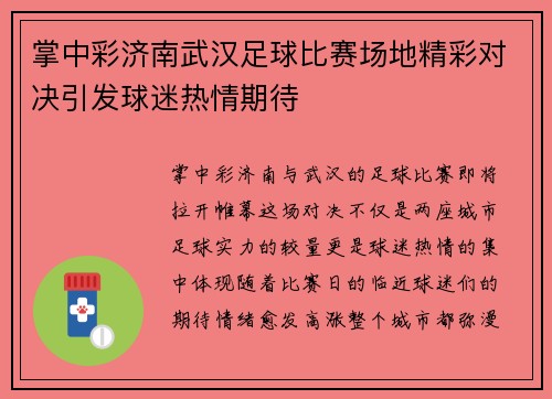 掌中彩济南武汉足球比赛场地精彩对决引发球迷热情期待