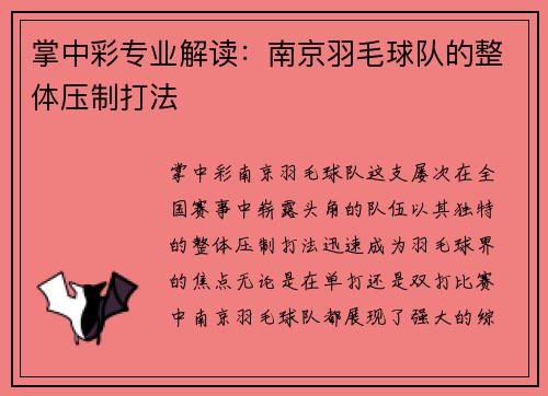 掌中彩专业解读：南京羽毛球队的整体压制打法