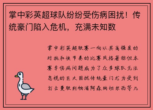 掌中彩英超球队纷纷受伤病困扰！传统豪门陷入危机，充满未知数