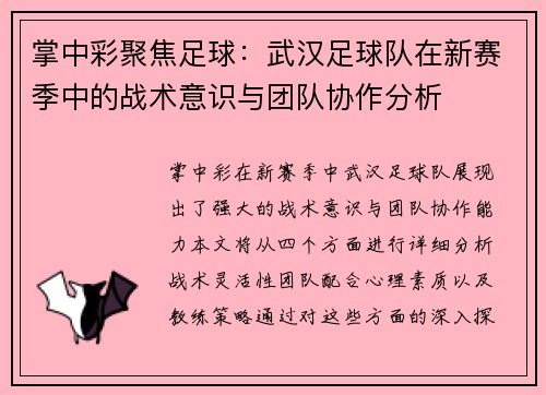 掌中彩聚焦足球：武汉足球队在新赛季中的战术意识与团队协作分析