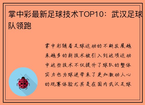 掌中彩最新足球技术TOP10：武汉足球队领跑