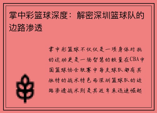 掌中彩篮球深度：解密深圳篮球队的边路渗透