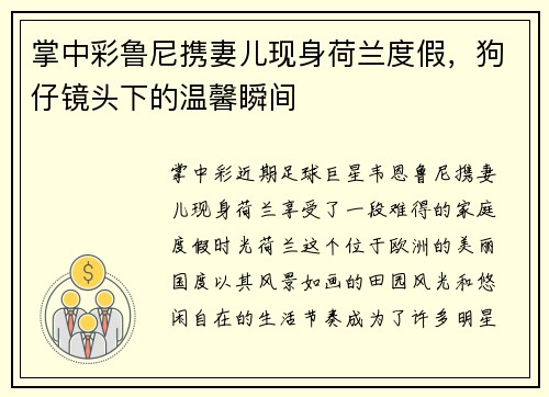 掌中彩鲁尼携妻儿现身荷兰度假，狗仔镜头下的温馨瞬间