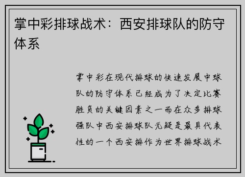 掌中彩排球战术：西安排球队的防守体系