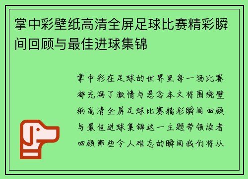 掌中彩壁纸高清全屏足球比赛精彩瞬间回顾与最佳进球集锦